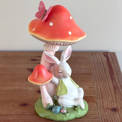 EASTER BUNNY Rabbit Sleeping Under MUSHROOM with Butterfly Eggs Spring Decor NEW