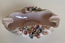 Vintage Lefton Pink Porcelain Ladies Ashtray Pink Blue Flowers Gold Trinket Dish