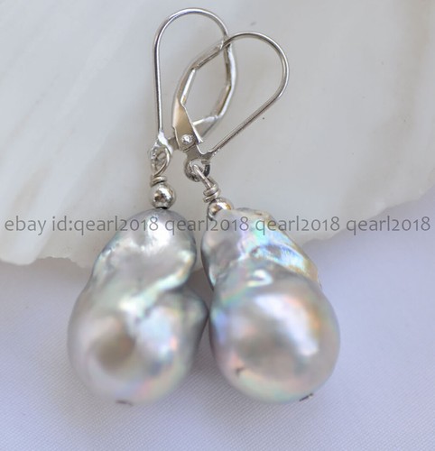 13-20MM NATURAL SILVER GRAY BAROQUE KESHI REBORN PEARL DANGLE LEVERBACK EARRINGS - Picture 5 of 9