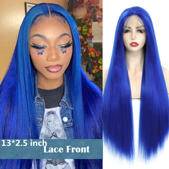 Long Straight Lace Front Wig Dark Blue Synthetic Full Wigs  display picture 3