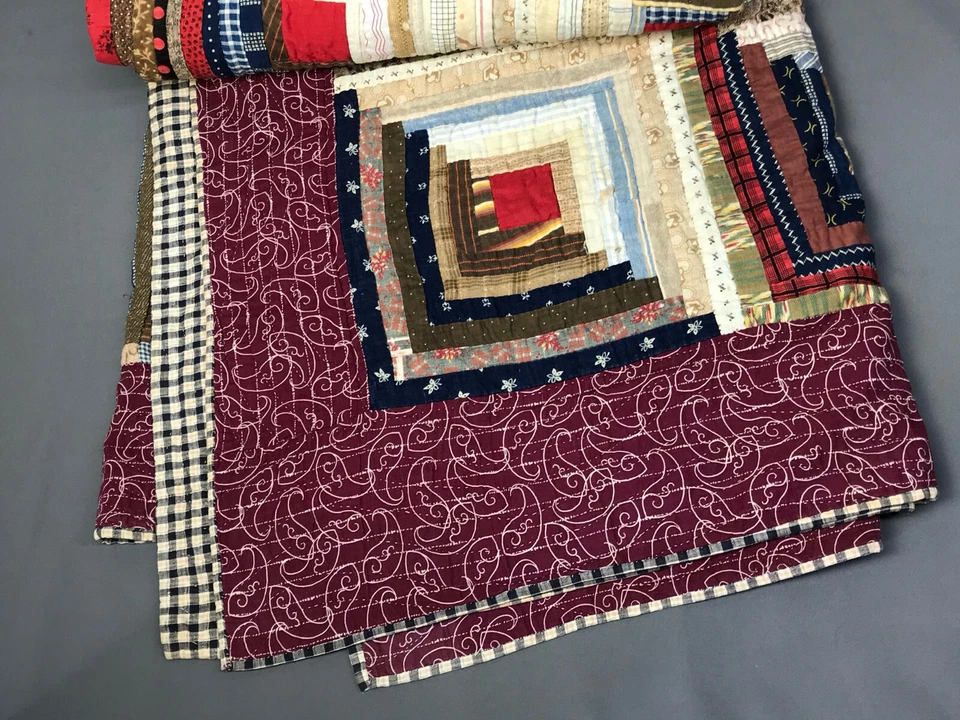 Antique-Vtg AMERICANA Log Cabin Patchwork Quilt Square-in-a-Square Diamond Block - Image 4 of 4