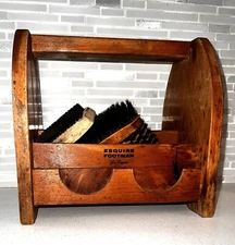 Vintage Esquire Footman Deluxe Wooden Shoe Shine Valet Caddy Box w/3 Brushes