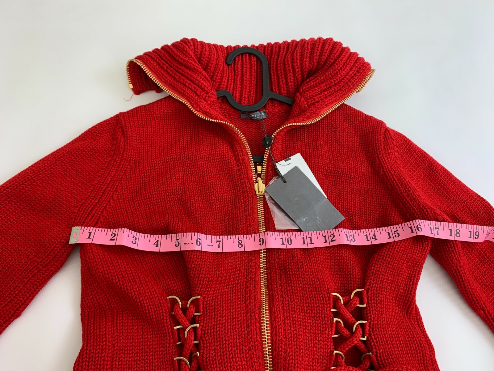 New Alexander McQueen Zipper Sweater Metallic Red Tie waist Size S image 3
