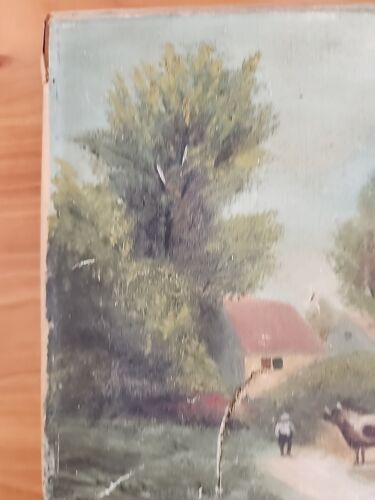 Antikes amerikanisches Ölgemälde Landschaft mit schwarzem Bauern und Stier 9 x 12 Leinwand - Bild 3 von 9