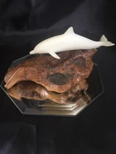 JOHN PERRY Sculpture~Dolphin on a Large Beautiful BURL WOOD Base 7” Long