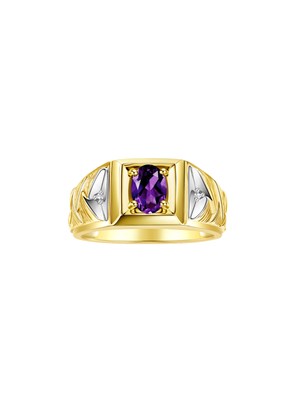 RYLOS Men's 7X5MM Gemstone & Diamond Ring in Yellow Gold Plated Silver, Sizes 8-