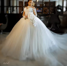 Luxury High Collar Beads Pearls Lace Wedding Dresses Sweep Train Church Vestido
