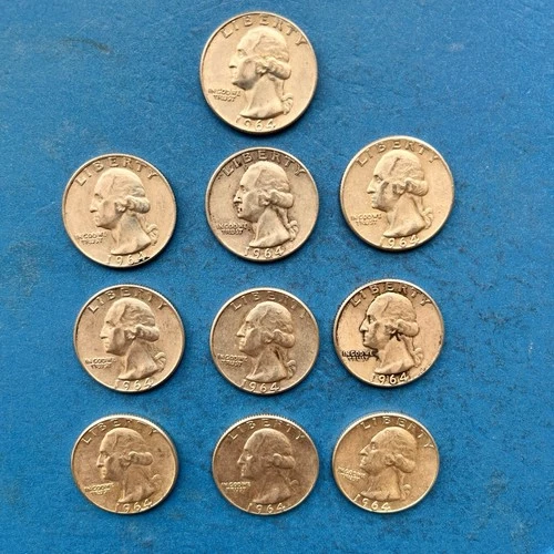 Lot of 10 Silver Washington Quarters 1964