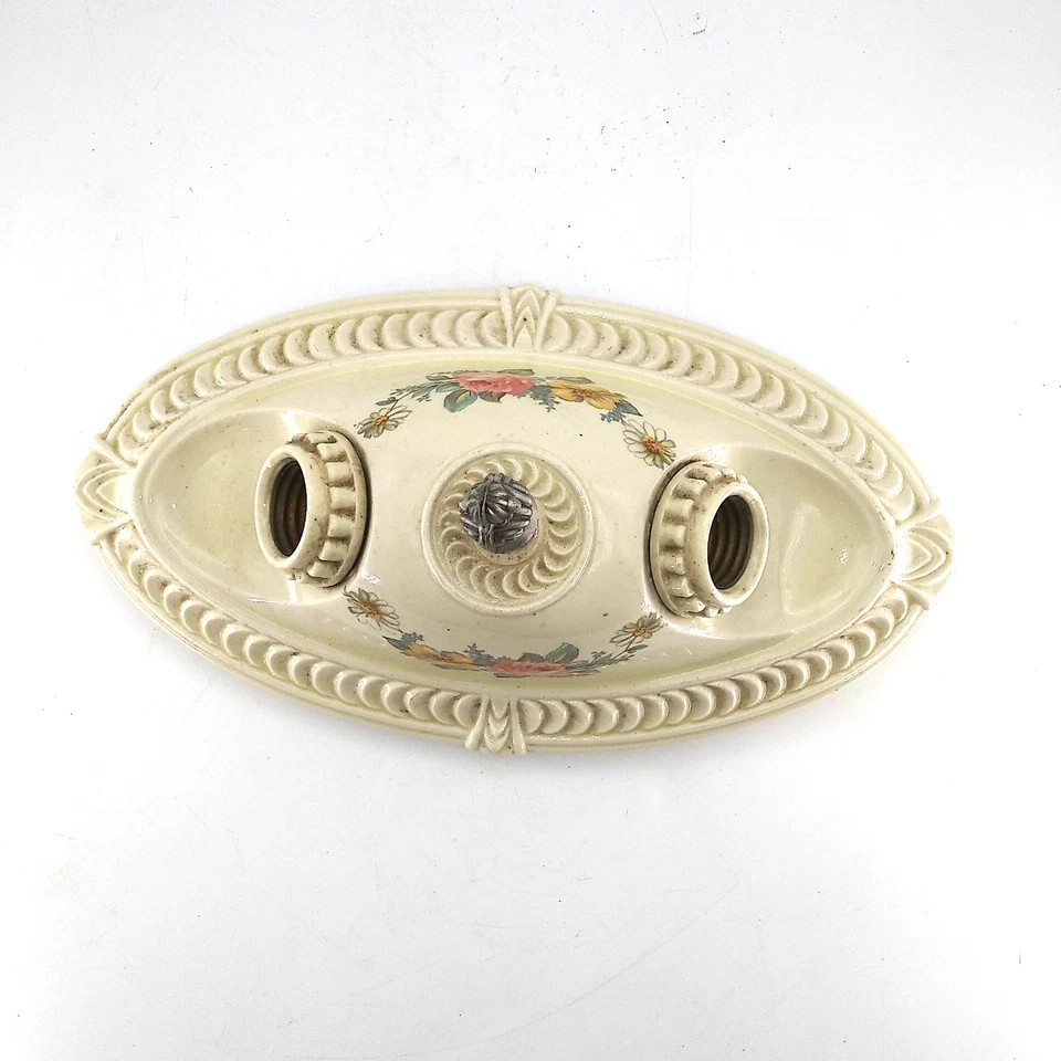 early 1900s Embossed 2-Bulb Ceramic Ceiling Sconce Light Floral UNTESTED - Image 2 of 4