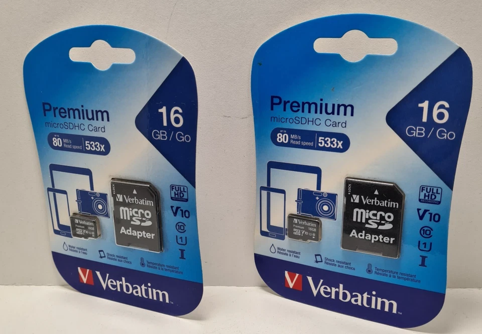 2 X Verbatim Premium 16 GB Class 10 micro SDHC Memory Card with Adaptor NEW. - Image 3 of 4