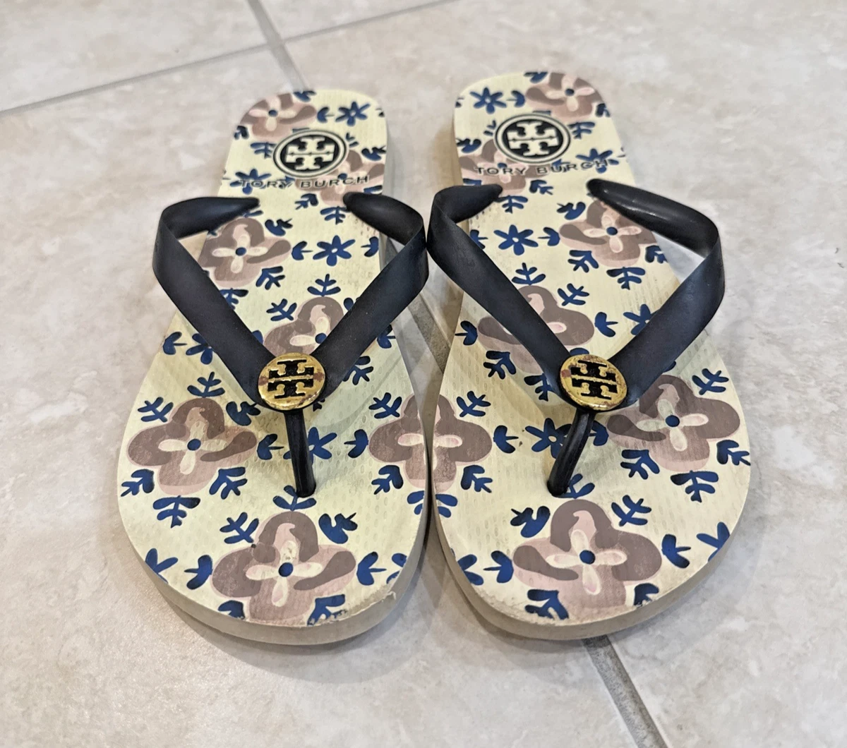 Tory Burch Navy and White Patterned Thong Sandals Tory Burch - Miller Blue & White Logo Thong Sandals main image 3