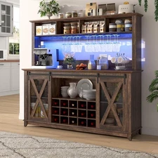 63"W Farmhouse Coffee Bar Cabinet  LED Light,Wine Bar Cabinet w/ 4 Tier Storage