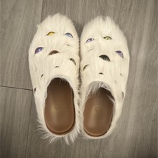 White Faux Fur Mule Slippers for Men with Multicolor Eye Accents