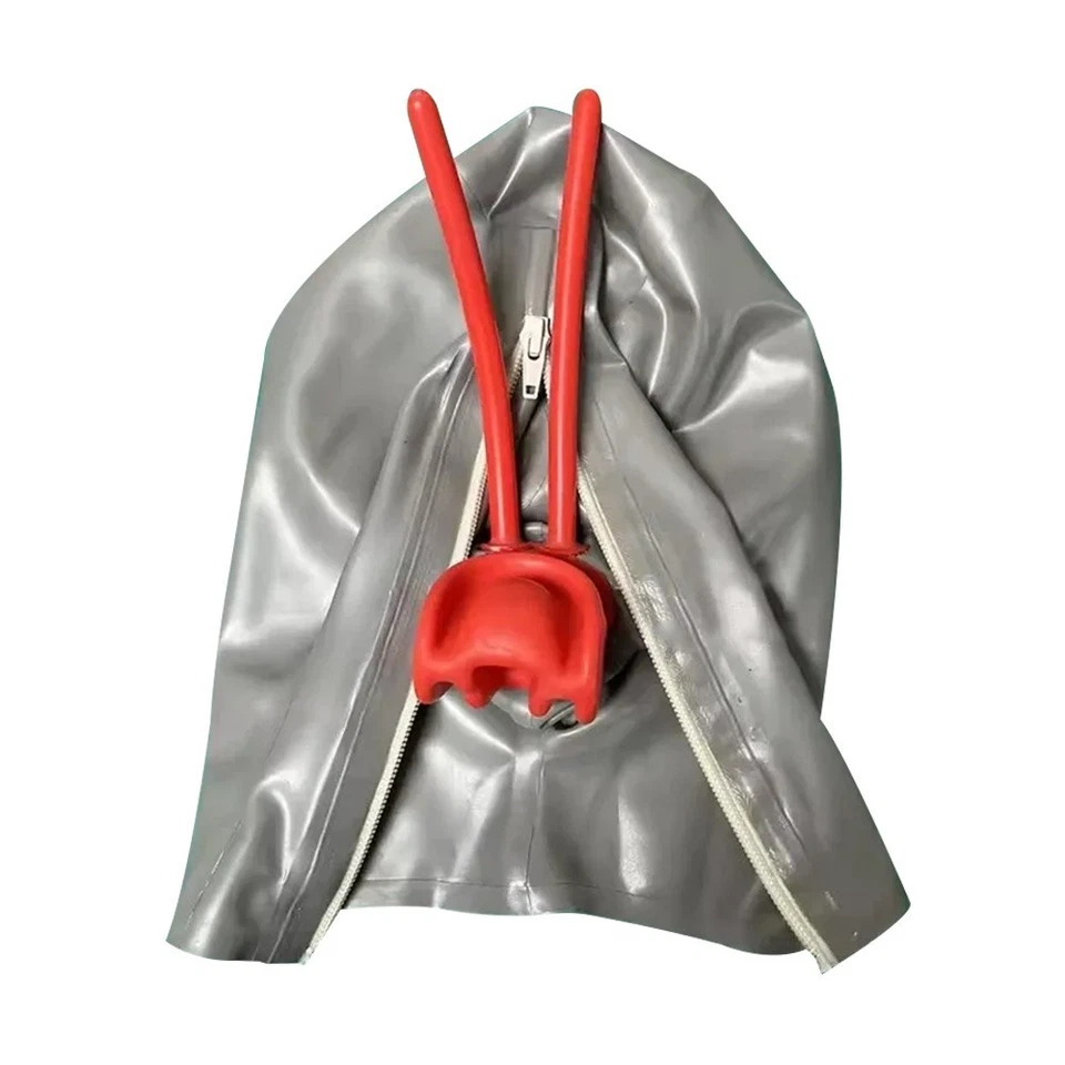 Grey Latex Hood Mask Eyes Glass Lens and 15cm Long Nose Tube Red Teeth 0.4mm US - Image 3 of 4