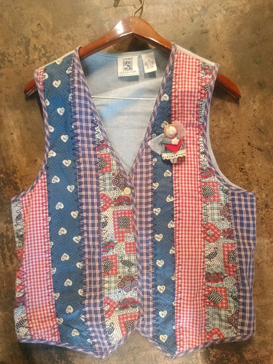 vintage Studio Collection Patchwork Vest M Blue Red White Doll Pin Heart Print View 2