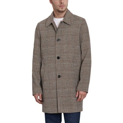 Sean John Wool Prince of Wales Check Overcoat Mens XL Brown Plaid Dark Academia