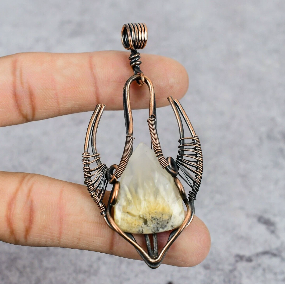 Bull Face Dendrite Opal Gemstone Copper Wire Wrap Attractive Pendant Gift
