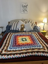 Vintage Crochet Afghan Blanket Throw Bright Colorful Rainbow Handmade 46" X 47