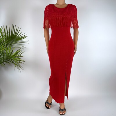 navy blue dress for baby girl Vintage 90s Red Elegant Lace Bodycon Fringe Maxi Midi Slit Dress / Size:  Small