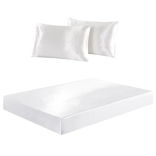 3Pcs Satin Silk Feel Fitted Sheet + Pillowcase Set Fully Elastic 12" Deep Pocket - Picture 12 of 45