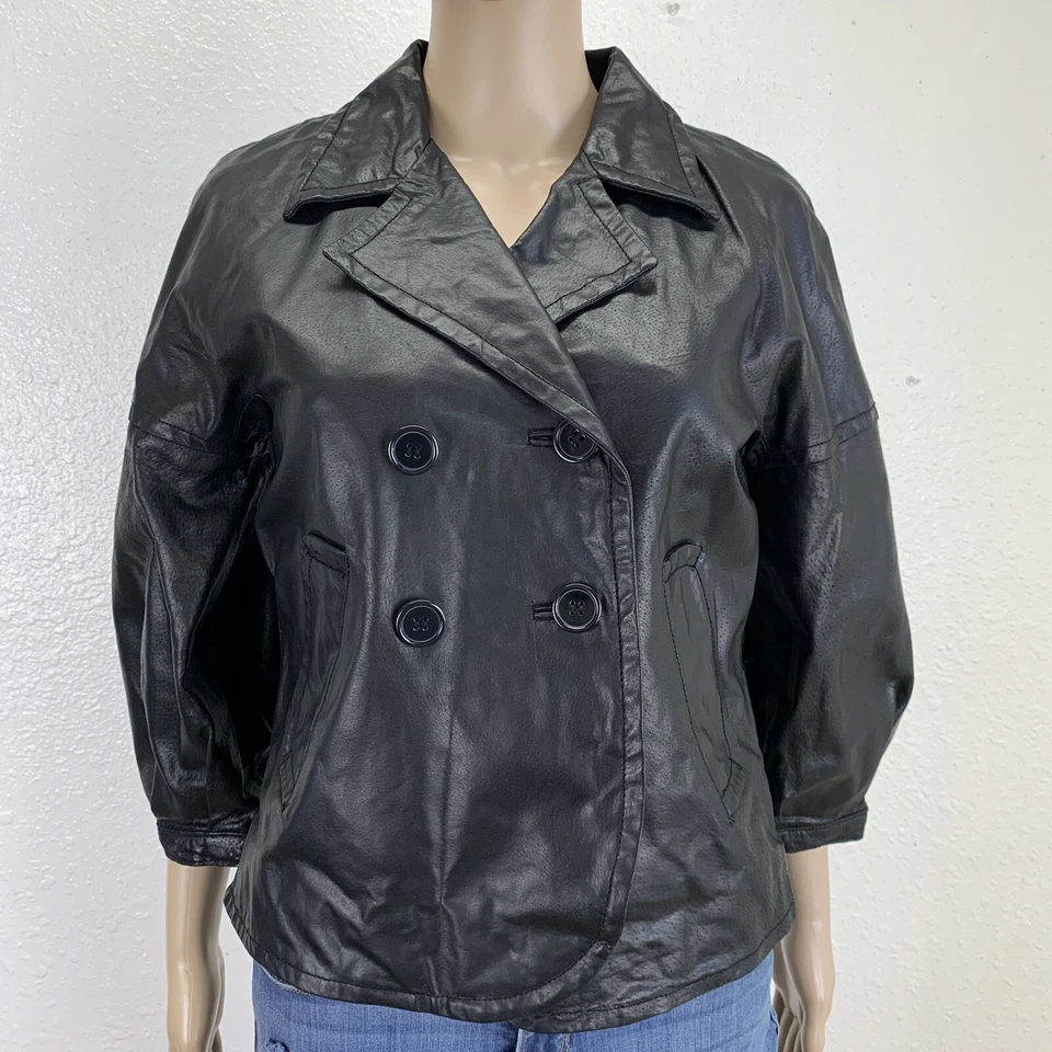 Chaqueta de Cuero Tex by Max Azria Mujer Doble Pecho Negra Gótica Retro Punk Rock Foto 2 de 4