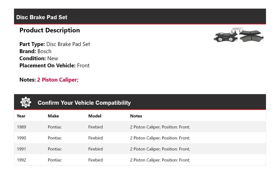 Pastillas de freno delanteras semimetálicas para Pontiac Firebird Bosch QuietCast 1989-1992 Foto 2 de 4
