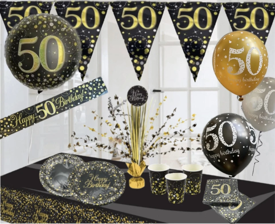 OAKTREE AMSCAN 50th birthday black gold themed party decorations balloons bunting banners