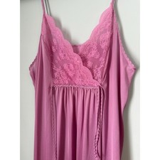 Vintage 70s Pink Lace Maxi Slip Dress Gilead Nylon Nightgown Lingerie Medium