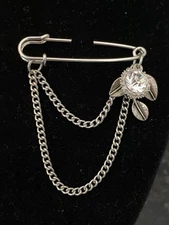 Silver Chain Safety Pin Brooch Sunflower Brooch Pin Sunflower W/ CrystalW/Leaves