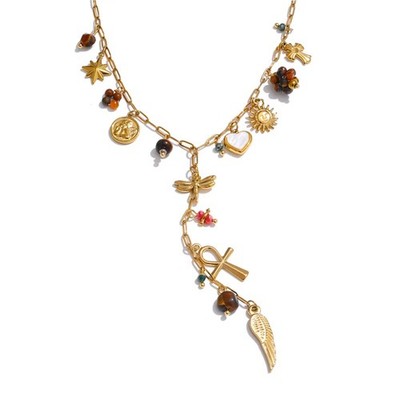 Goldene Edelstahl Y Charm Halskette Damen Naturstein Perlen Libelle Herz Ankh