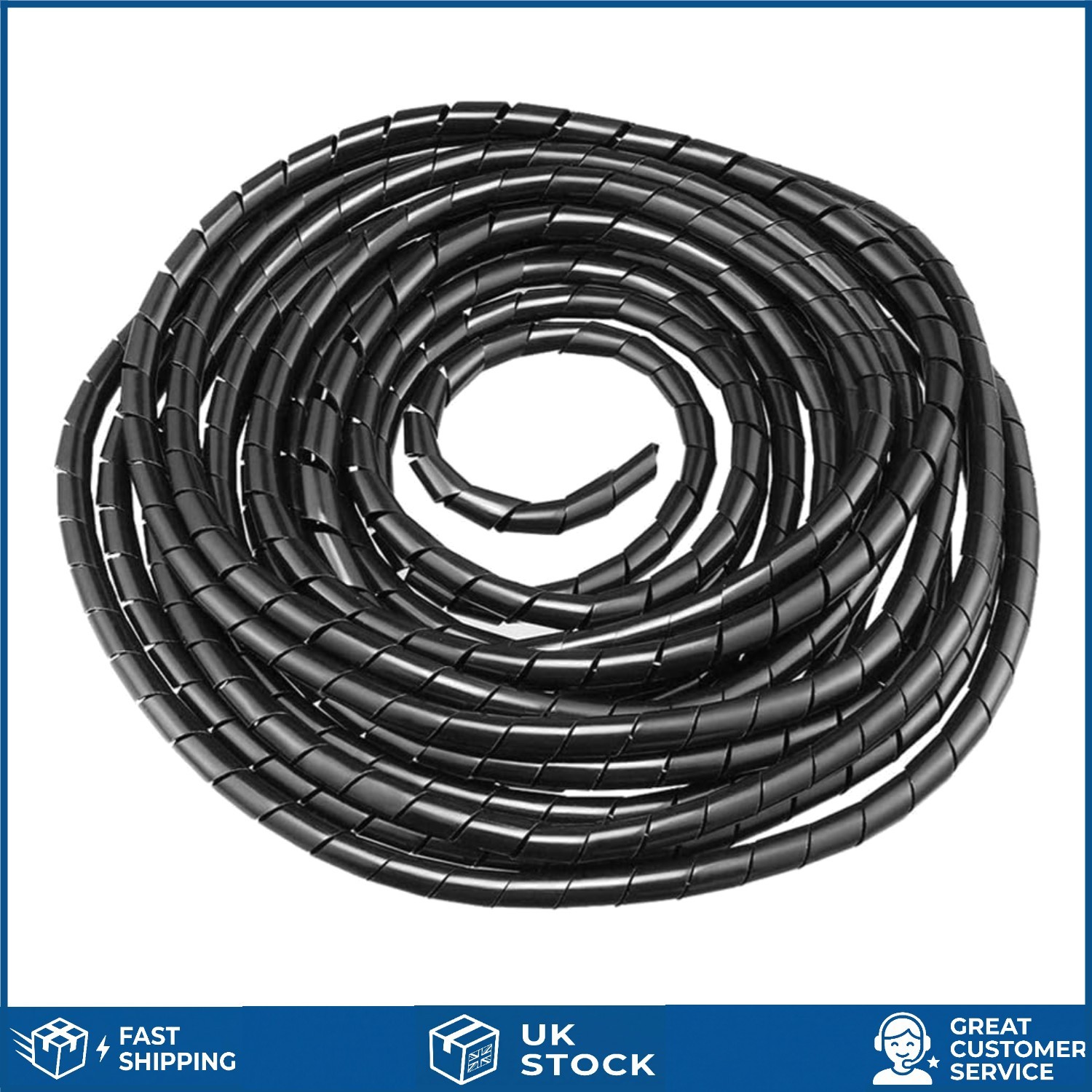 Durable Spiral Cable Management Sleeve Flexible Wire Wrap Black 7.5m 12mm