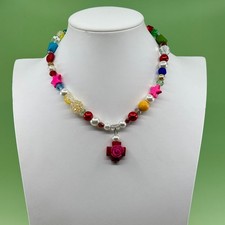 Multicolor Mixed Bead Necklace Faux Pearl Crystal Rose Star Pendant Y2K Whimsy