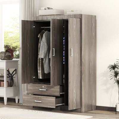 3-Door Wardrobe with 2 Drawers, Gray Wood Grain Effect