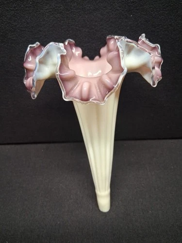 8 1/2" GLASS TRUMPET VASE EPERGNE FENTON CASED GLASS CREAM  PLUM VASELINE GLOW