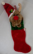 Vtg Christmas Stocking 3D Reindeer/Moose Plush Fuzzy Red Nose 32" Fairview 526