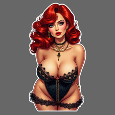 Pinup Girl Sticker Vinyl Decal red hair curvy seductive cleavage thick lingerie