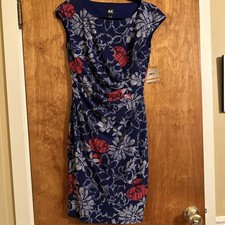 NWT Anne Klein Dress Blue Floral Classic Stretchy Ruched Dress Small