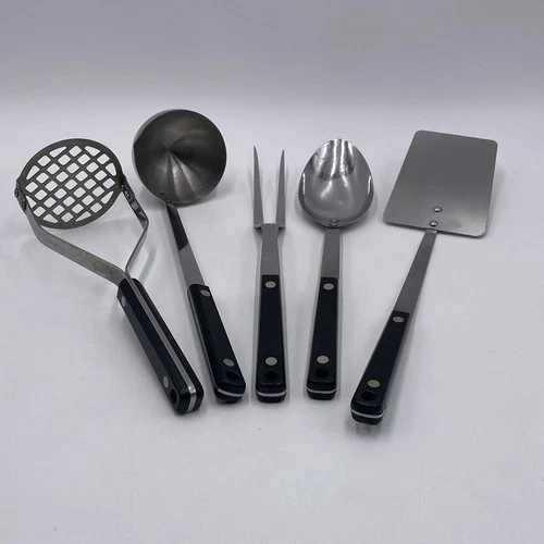 Lot 5 VTG FLINT Stainless Steel Black Handle Kitchen Utensils