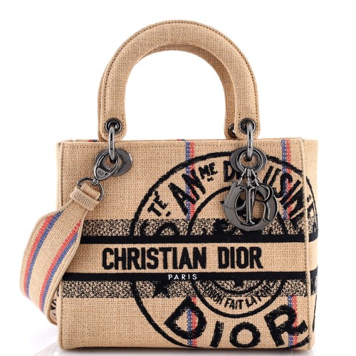 Christian Dior Lady D-Lite Bag Embroidered Jute Canvas Medium