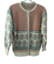 Vintage Sweater Fair Isle Knit Nordic Scandinavian Floral Jacquard Cardigan Sz L