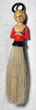 Vintage Half Doll Whisk Broom Red Dress Blonde Hair Charm