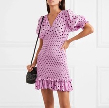 Faithfull The Brand Dainty Pink Polka Dot Smocked Mini Dress Puff Sleeve Sz 6 M