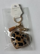 Leopard Print Heart Keychain Rhinestone Tassel Gold Bag Charm Faux Fur Western