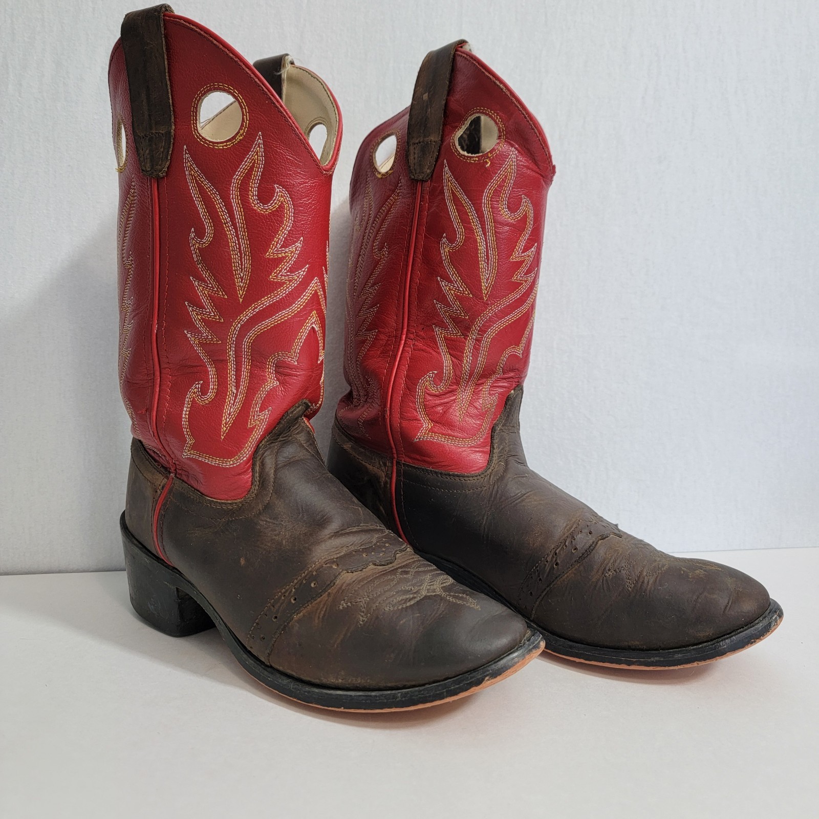 Old West Womens Cowboy Boots Size 4.5 Red Brown Leather Farm Work