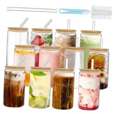 Drinking Glasses with Bamboo Lids and Straw-12pack 12glasses&12straws&12lids