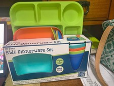 24-Piece Kids Dinnerware Set Plastic Plates Bowls Cups Forks Spoons BPA Free New