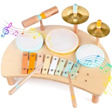 Kids Drum Set Montessori Musical Instruments for Toddlers 1-3, Wooden Baby Dr...