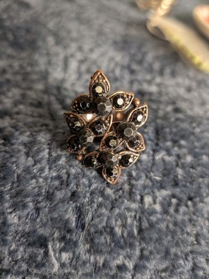Vintage Style Black Onyx Gold Matrix Ring Rhinestone Rectangle Silver Tone...