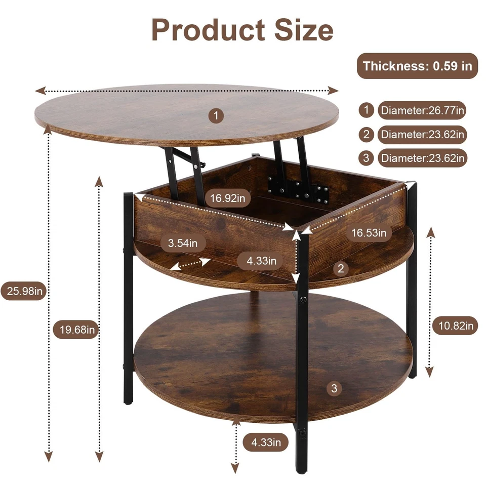Round Lift Top Coffee Table with Storage & Hidden Compartment, 26.77" Two Tie... - Image 2 of 4