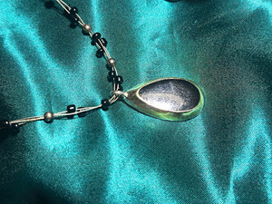 Black & Silver Tone Glass Beaded Necklace, Oval Charm Pendant, Ball/Bead Chain